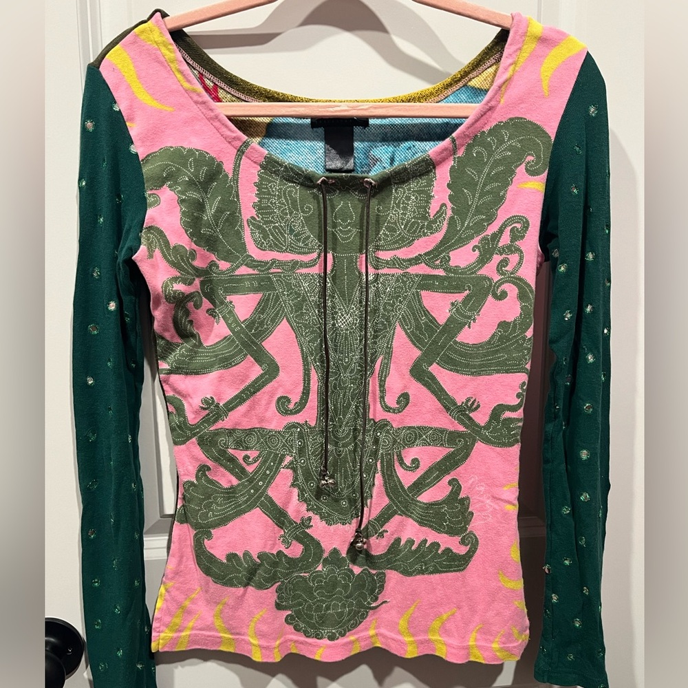 Vintage Y2K Rare Custo Barcelona Goddess & Rose Graphic Mirror Sleeve Top